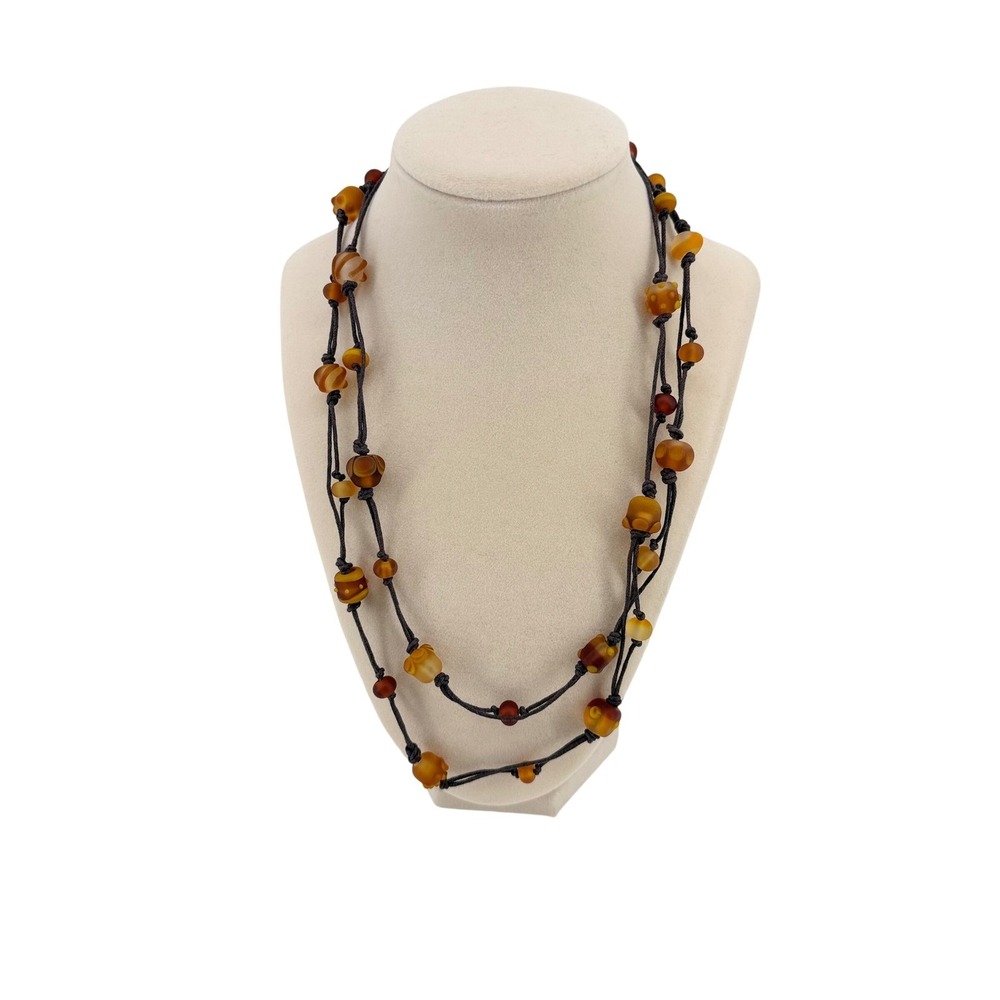 Bohemian Long Knotted Cord‎ Necklace Amber Brown Matte Glass Bead Artisan